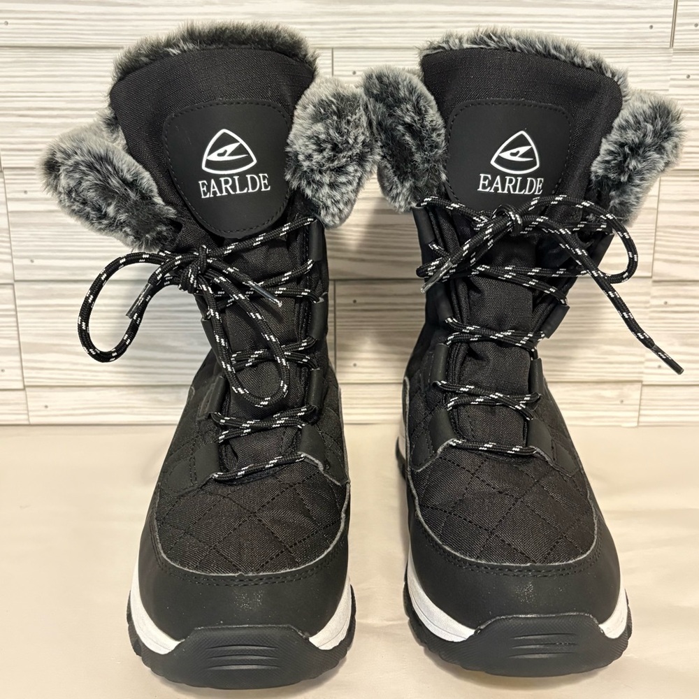 Earlde Black Waterproof Lace Up Mid Calf Snow Boots Deep Tread Rubber Soles New
